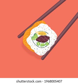 Wooden chopsticks and sushi roll on white background illustration