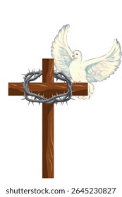 wooden Christian cross with a crown of thorns and a white dove symbol of the spirit on a white background.Isolated, close-up.Design element