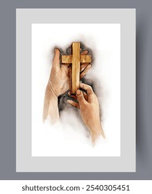 Cruz cristiana de madera o crucifijo en manos del creyente en impresión. Cartel de acuarela. Obra de arte con el símbolo de la religión cristiana de la persona que se vuelve a Dios para la ayuda, en marco con la decoración para el arte de la pared