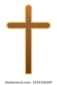 Wooden christian cross with golden stroke isolated on a white background. A symbol of the love of Jesus. God vector illustration. Catholic symbol flat vector brown cross. Christian cross symbol icon.