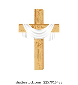 Christliches Holzkreuz. Einfaches Kreuz aus Holz mit weißem Tuch auf weißem Hintergrund. Design-Element für Ostern, Palmensonntag, Auferstehung Christi. Vektorgrafik.