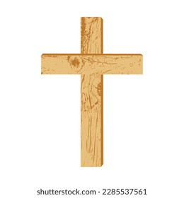 Wooden Christian cross. A simple wooden cross on a white background. Design element for religious holidays and themes. Vector illustration.