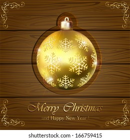 Wooden Christmas background with shiny ball and golden floral elements, illustration.