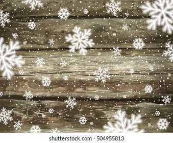 Wooden christmas background with snowflakes, vector illustration