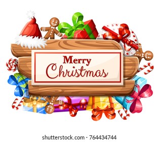 Wooden Christmas board with set of gifts and the inscription with Merry Christmas vector illustration isolated on white background web site page and mobile app design.