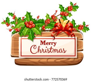 Wooden Christmas board with set of holiday decoration and the inscription with Merry Christmas vector illustration isolated on white background web site page and mobile app design.