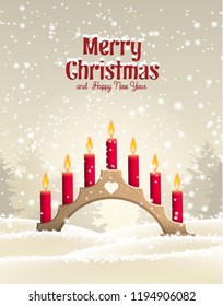 Wooden Christmas candlestick with red burning candles in winter landscape in sepia tone, with text Merry Christmas, vector illustration, eps 10 with transparency