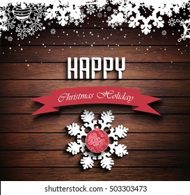 Wooden Christmas Holiday Winter Background With Shadows, Balls, Snowflakes And Text 
