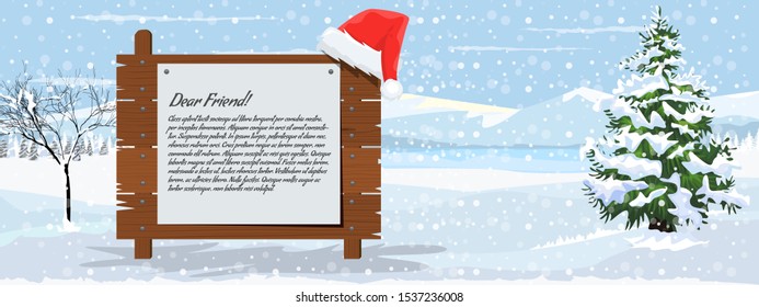 Wooden christmas message board and winter landscape. Fir tree with snow on it. Vector illustration.