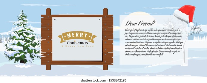 Wooden christmas message board and winter landscape. Fir tree with snow on it. Vector illustration.