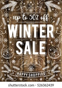 Wooden Christmas poster with snowflakes and sale offer, vector illustration