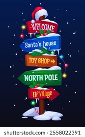 Wooden Christmas sign board or Xmas North Pole signage with Santa hat and snow, cartoon vector. Christmas signboard with direction arrows to Santa house, North Pole and Elf village for winter holiday