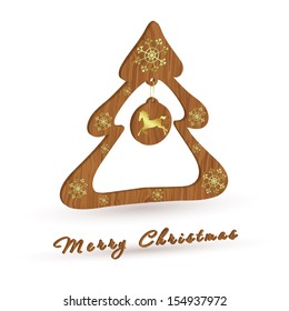 Wooden Christmas tree isolated on white background. Christmas ball with horse