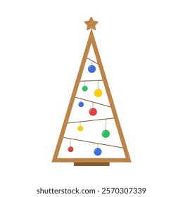 Wooden Christmas Tree. New year crafts DIY idea for kids. Simple holiday ornaments. Plastic free concept. Vector illustration in flat cartoon style.