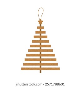 Wooden Christmas Tree. New year crafts DIY idea for kids. Simple holiday ornaments. Plastic free concept. Vector illustration in flat cartoon style.