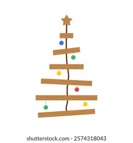 Wooden Christmas Tree. New year crafts DIY idea for kids. Simple holiday ornaments. Plastic free concept. Vector illustration in flat cartoon style.