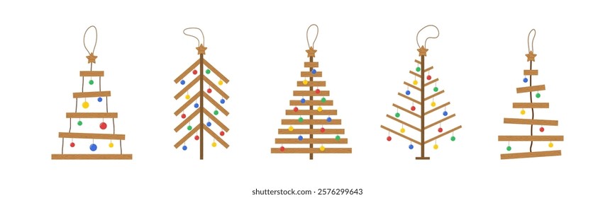 Wooden Christmas Tree set. New year crafts DIY idea for kids. Simple holiday ornaments. Plastic free concept. Vector illustration in flat cartoon style.