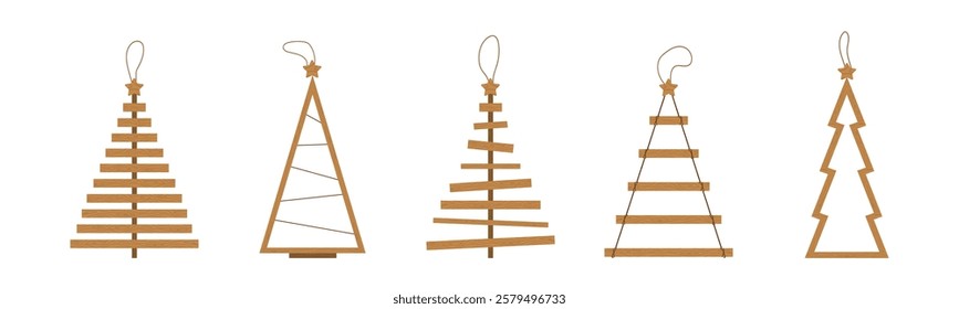 Wooden Christmas Tree set. New year crafts DIY idea for kids. Simple holiday ornaments. Plastic free concept. Vector illustration in flat cartoon style.