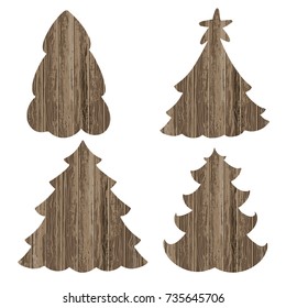 Wooden Christmas trees.  Vector set,  isolated elements on a white background.  Four silhouettes.