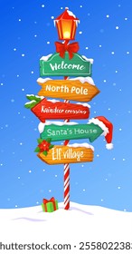 Wooden Christmas xmas sign board, signage or signpost with snow and lantern features festive destinations to north pole and santa house, reindeer crossing and elf village, captures spirit of holiday