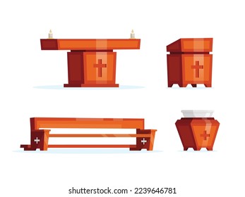 Wooden church furniture set. Altar, pew, lectern and baptismal font