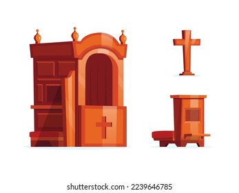 Wooden church furniture set. Confessional, cross and kneeler