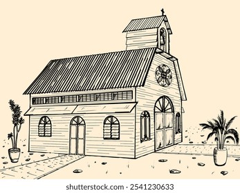 Wooden Church in Line Art