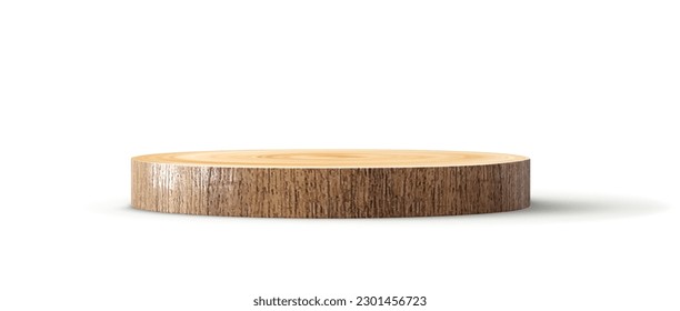 Wooden circle board plate white background. Kitchen stand tray wood podium. 3d tree trunk stump. Realistic vector illustration.