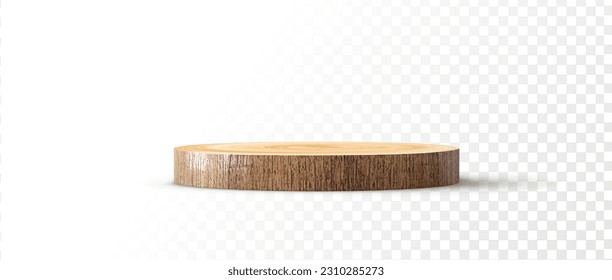 Wooden circle board plate white background. Kitchen stand tray wood podium. 3d tree trunk stump. Realistic vector illustration.