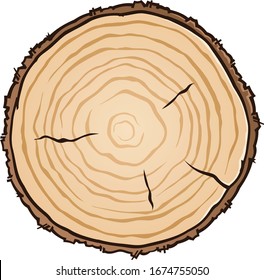 A wooden circle vector illustration cut from a log showing age rings and cracks