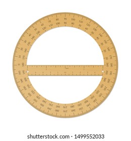 Wooden circular protractor with a ruler in metric and imperial units.