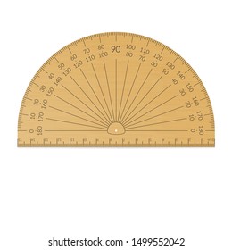 Wooden circular protractor with a ruler in metric units.