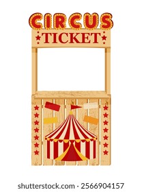 Wooden circus ticket booth with marquee lights and red striped tent illustration. Selling tickets for the upcoming circus show. Flat vector graphic for entertainment design and print.