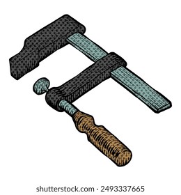 Wooden clamp icon woodworking tool halftone color vector illustration