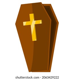 Wooden classic expensive coffin with a cross made of gold, wooden box. Coffin icon isolated. Vector illustration in cartoon style.