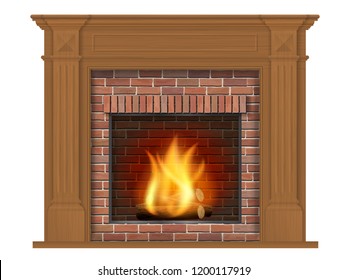 Wooden classic fireplace with wooden surround. Decorative element for design of the living room. Realistic detailed vector isolated on white background.