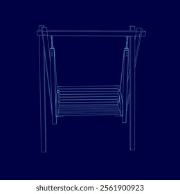 wooden classic outdoor hanging patio porch swing bench furniture with ropes isolated on blue background. 3d. vector illustration. Front view