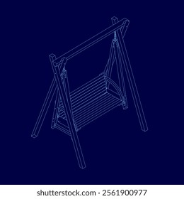 wooden classic outdoor hanging patio porch swing bench furniture with ropes isolated on blue background. 3d. vector illustration. Isometric view