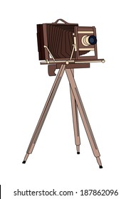 Wooden classic retro camera on tripod Vector illustration