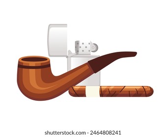 Wooden classic smoke pipe with cigar and lighter vector illustration isolated on white background