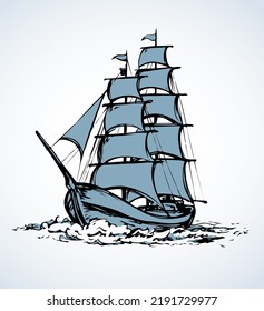 Wooden classic tall buccaneer sailfish galley pictogram isolated on white sky. Freehand line black ink hand drawn logo sign emblem picture sketchy in art retro doodle style pen on paper space for text