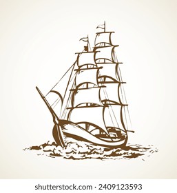 Wooden classic tall buccaneer sailfish galley pictogram isolated on white sky. Freehand line black ink hand drawn logo sign emblem picture sketchy in art retro doodle style pen on paper space for text