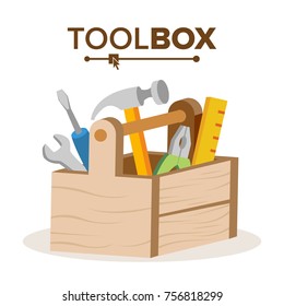 Wooden Classic Toolbox Vector. Full Of Equipment. Flat Cartoon Isolated Illustration