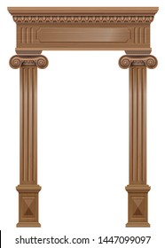 Wooden classic vintage arch of the portal door with the columns. Vector graphics. The entrance of the facade or the framing of the furniture.