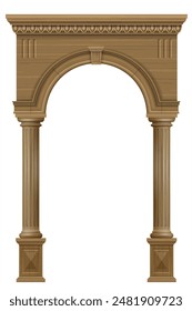 Wooden classic vintage arch of the portal door with the columns. Vector graphics. The entrance of the facade or the framing of the furniture.