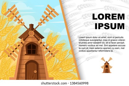 Wooden classic windmill and wheat background. Wooden building in rural scene. Flat vector illustration. Greetings card for advertising design.
