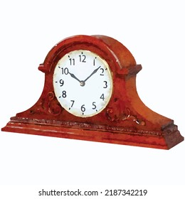Reloj de madera sobre fondo blanco. Ver imagen vectorial. Ilustración de reloj de vintage. Reloj antiguo dibujado a mano. Reloj retro. Interior rústico. Acuarela. Imagen para logo, tarjeta de felicitación y diseño.