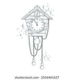 Wooden clock with a pendulum in the form of a house with beads. Line art is a simple hand-drawn illustration in black and white ink. Composition arrangement vector EPS. Christmas, New Year