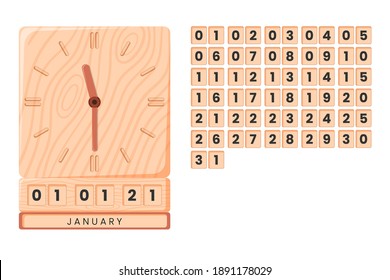 wooden clock vector with date, month and year.
available numbers that have been set. white background