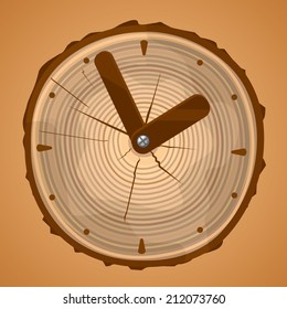 Wooden Clock. Vector illustration. Wooden clock made from log.